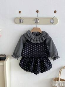 3pcs Baby Girl Sweet Peter Pan Collar Undershirt, Ditsy Floral Vest, Ruffle Pants Set, Autumn