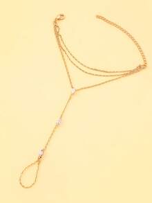 1 pieza Cadena de dedo multicapa con rhinestones, cadena de mano de moda para mujer para uso diario y fiestas, accesorio minimalista y único - Dorado - Ver 3