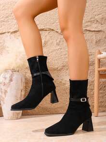 2025 Autumn/Winter New Chunky Heel Round Toe Short Boots, Casual Versatile Retro Fashionable Comfortable Zipper Ankle Boots For Petite Women - Black - View 3