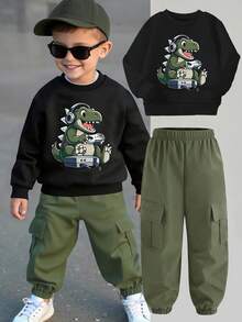 Ciepła bluzka dla chłopców z nadrukiem w kreskówkowym stylu, z okrągłym dekoltem i długimi rękawami oraz długimi spodniami w jednolitym kolorze