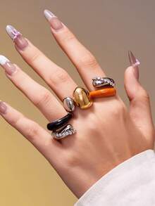 1pc MiDuoDuo Chunky Water Drop Zirconia Geometric Enamel Unisex Open Ring Set, 18K Gold Plated Stainless Steel Fashion Creative Personalized Accessory For Women - A656 Wide Teardrop-shaped Open Ring - View 5