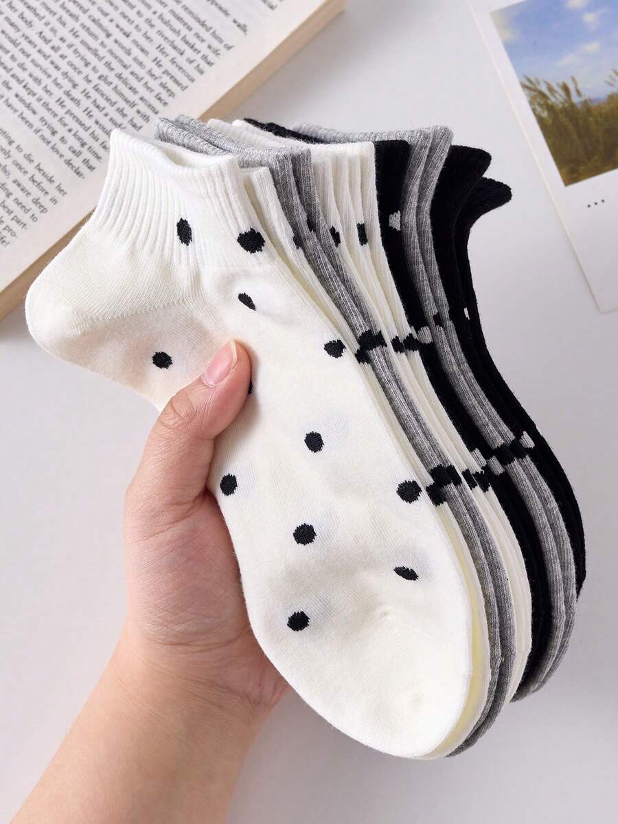 5 Pairs Women's Polka Dot Crew Socks, Black, White, Gray, Comfortable & Versatile, Random Color Assortment - Multicolor - View 1