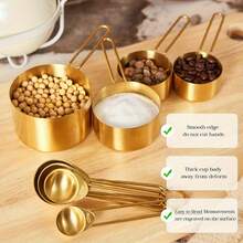 8pcs Stainless Steel Measuring Cups And Spoons Set, Dual-Color Gold And Silver Handle Design, Practical Kitchen Tools For Stirring Milk And Coffee - Gold-plated Set - View 8