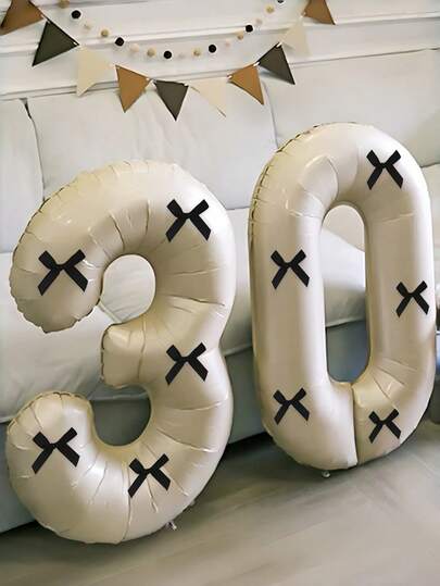 7pcs/Set 40-Inch Black Bow-Adorned Number Balloon Decorations, Creamy White 0-9 Number Aluminum Balloon Decorations, Suitable For Birthdays, Parties, Valentine's Day, Anniversaries, Weddings, Background Room Decorations, Bow-Adorned Numbers, And New Year Decorations.