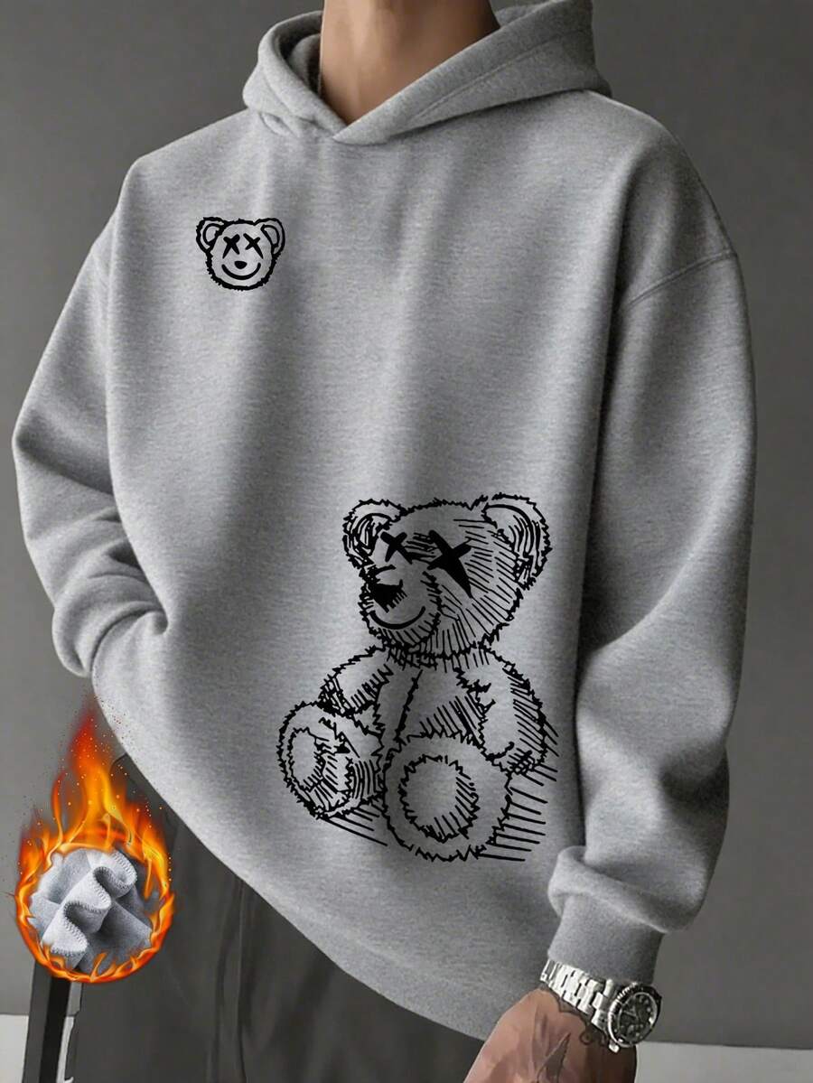 Simple Studio | 男士休闲熊印花连帽卫衣，秋冬款 - 深灰色 - 查看 1