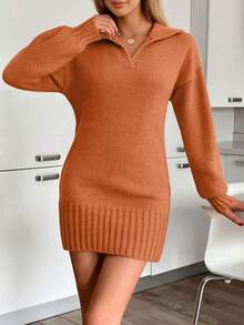 Vestido de punto de unicolor casual, otoño/invierno - Marrón - Ver 3