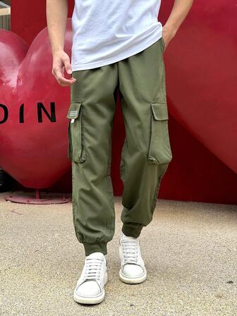 Men's Solid Color Cargo Pants, Casual Sports Outdoor Long Trousers