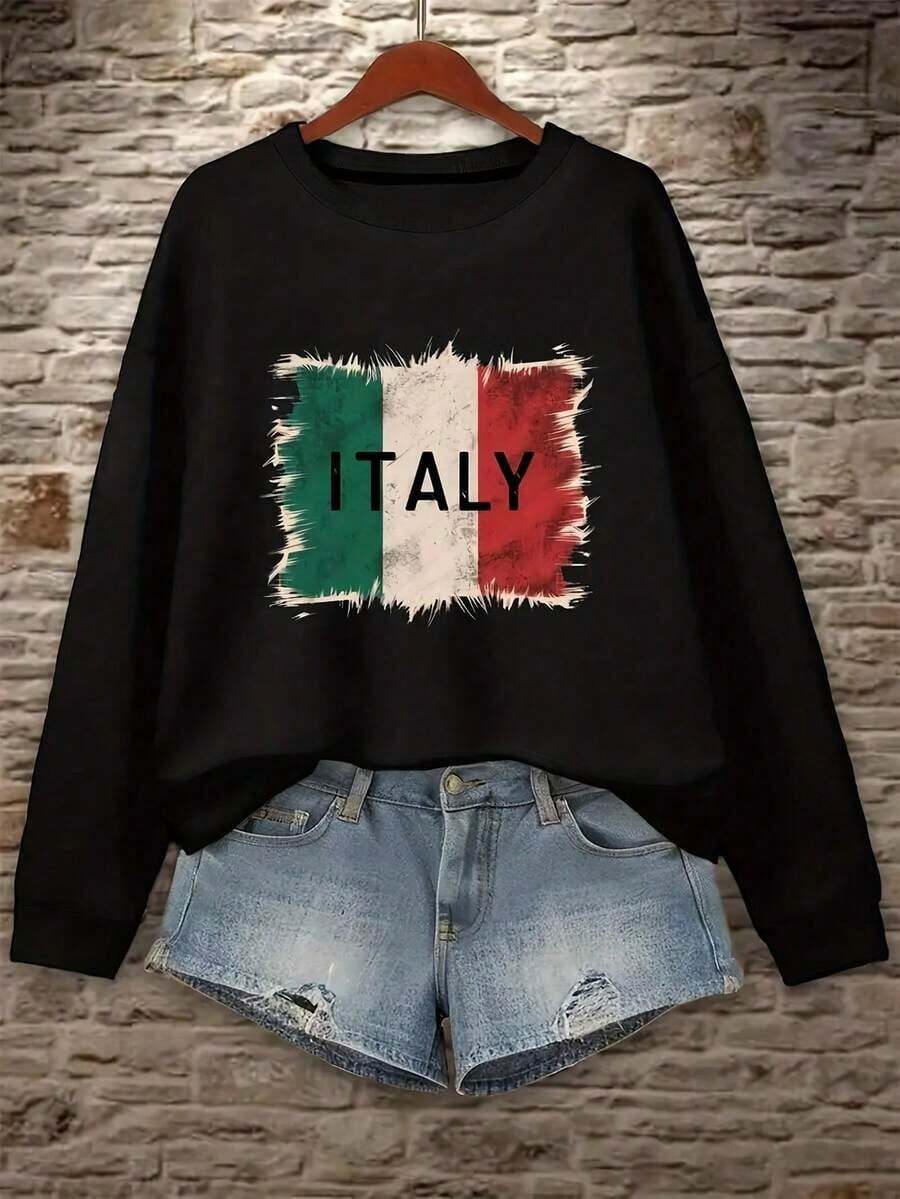 Autumn/Fall And Winter Bestseller 1 PcsPlus Size Women'S Flag Italy Printed Long Sleeve Crew Neck Sweatshirt, Fall And Winter Sports Top For Casual Attire, Fashion Top Crewneck Top Stretchy Fabric - màu đen - Xem 1