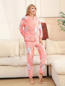 Ropa Para Dormir Mujer Franela Conjunto De Camisón Cárdigan Dama Suave y Cómodo Blusas Y Pantalones - Rosa - Ver 3