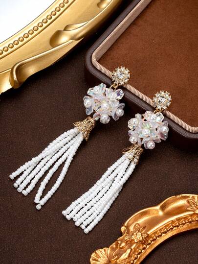 Vintage Floral Rhinestone & Pearl Decor Earrings, Elegant Tassel Long Earrings, Charming & Unique