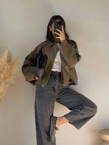 Women's Regular Faux Suede Long Sleeve Single Breasted Loose Casual Jacket, For Spring, Women's Pocket Metal Button Short Military Green Jacket Suitable For Spring And Autumn