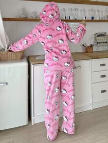 Sanrio Hello Kitty 女士加厚抓绒连帽卫衣+舒适家居裤套装，2件装，蓬松保暖冬装 - 粉色 - 查看 4