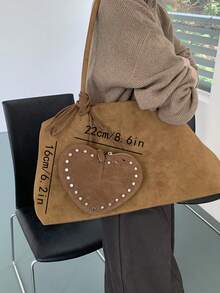 Commuting Fashionable Versatile Rivet Heart Faux Suede Retro Eye-Catching Rivet Design Faux Suede Heart Shoulder Crossbody Bag, Women Street Fashion Handbag - Brown - View 7