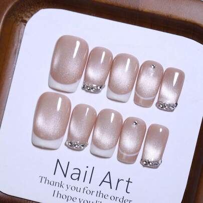 10片装短款方形白棕色撞色亮面猫眼法式美甲贴片，优雅可重复使用，持久耐用，快速上手，DIY日常美甲美妆