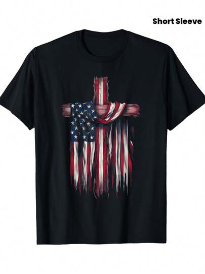 Men's Patriotic Christian Faith T-Shirt - 4th Of July American Flag Cross Design, Black Short Sleeve Casual Tee, Regular Fit For Casual Attire & Holiday Celebrations