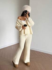 2 Pieces Set Autumn/ Winter New Women's Casual Cute Suits Loose Solid Color Button Cardigan Long-Sleeved Knitted Sweater Top Knit Pants Suitable For Daily Wear Home Loungewear Cozy Chic Fall Winter Going Out Outfits Clothes