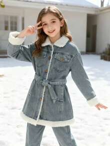 女童/青少年休闲优雅户外夹克，配有羊毛领、袖口、腰带和口袋，适合秋冬季