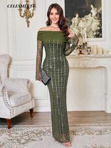 Olive Green Elegant Long Sleeve Off-Shoulder Sequin Evening Dress, Suitable For Christmas, Parties, Weddings And Other Occasions - Olive Green - View 3