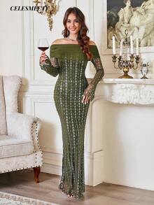 Olive Green Elegant Long Sleeve Off-Shoulder Sequin Evening Dress, Suitable For Christmas, Parties, Weddings And Other Occasions - Olive Green - View 6