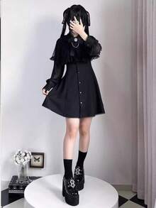 Y2k 2025 New Arrival: A Delicate Lace Dress For Women. This Japanese-Inspired, Girly-Style Chiffon Long-Sleeve Dress Features A Shawl Design With A Ribbon. Feminine And Elegant Light Blue And Black For A Date Look Or Spring/Autumn Outing. - màu đen - Xem 2