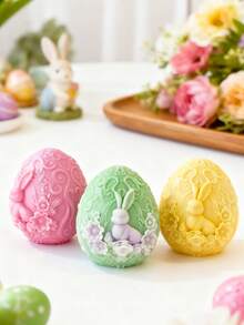 复活节兔子和彩蛋硅胶模具套装 3D 椭圆形/花朵兔子彩蛋/裂纹彩蛋 - 柔软有弹性，可重复使用，易于脱模 | 适用于 DIY 香薰蜡烛、石膏饰品、树脂艺术品 | 是复活节装饰、无焰香氛蜡和节日礼物的理想之选 - 白色 - 查看 4