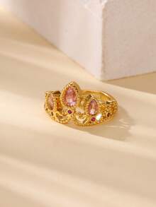 Vintage Stainless Steel Serpentine Flower Crown Rings For Women Mom, Cubic Zirconia 18K Gold-Plated Anti Fading Ring, Wedding Jewelry Prom Accessories, Christmas And Valentine's Day Gifts