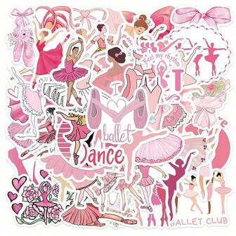 50张粉色芭蕾卡通可爱涂鸦贴纸，可用于DIY手册、吉他、杯子、头盔等创意节日装饰。