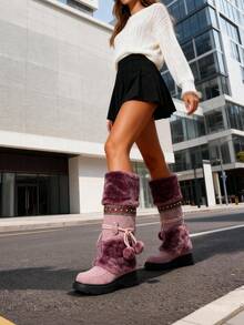 Women's Winter Furry Knee High Snow Boots Fashion Platform Chunky Heels Warm Faux Fur Lining Pull On Casual Comfy Boots Woman - 紫色 - 查看 6