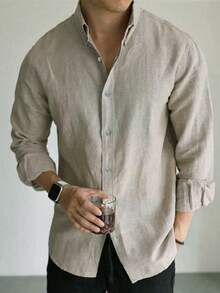 Men's Casual Bamboo Fiber Soft Breathable Commute Solid Color Button-Up Shirt - Mocha Brown - View 5