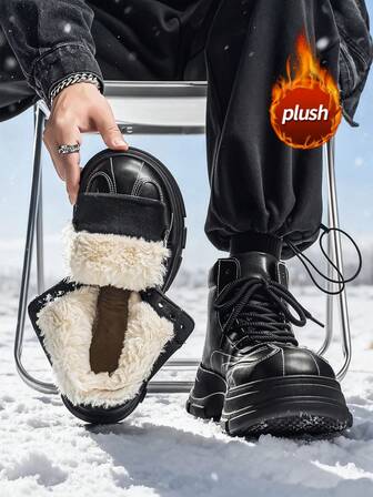 Men's Snow Boots, Thick Fur Lining, Leather Upper, Outdoor Boots, Thick Sole, British Style, Fashion, Versatile, Pure Black, High-End, Boots, High-Top Mid-Calf Lace-Up, Warm, Non-Slip, Wear-Resistant, Fuzzy Lining, Thermal Insulation, Cold-Proof, Casual Boots For Daily, Work, Travel