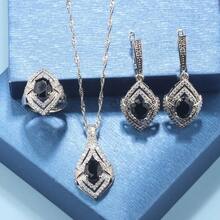 6-Colors Bridal Wedding Fashion Accessory Luxury Quality Colorful Cubic Zirconia Earrings And Necklace Open Ring For Women Jewelry Sets Preferred For Gift-Giving - Green - View 3