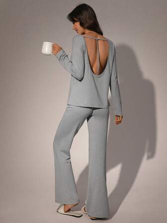 Conjunto de ropa de estar en casa informal para mujer - Top de cuello redondo sin espalda, pantalones sueltos con cintura plisada, otoño/invierno