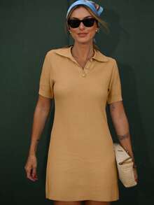 Women's Midi Dress, Short Polo Collar, Modal Knit, Short Sleeves, V-Neck, Buttons, Summer , Light Colors, Candy Colors, Pastel Shades, Christmas, New Year's, Parties - 米色 - 查看 3