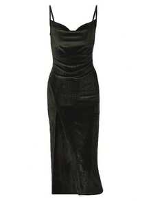 Elegant Women's Split Thigh Ruched Sleeveless Party Dress For Wedding, Occasion, Engagement, Ceremony, And Evening Events - Black - View 4
