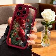 Cubierta de telefono con borde negro y diseño floral rojo con tulipanes y abejas para iPhone 14 Pro Max estilo elegante para uso diario y trabajo - Café integral - Ver 5