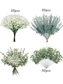 15/30/60 Pcs 3 Kinds Babys Breath Mixed Eucalyptus Leaves Artificial Flowers For Wedding Vase Bouquet Floral Arrangement Decor Gifts Birthday Graduation,Fake Plants