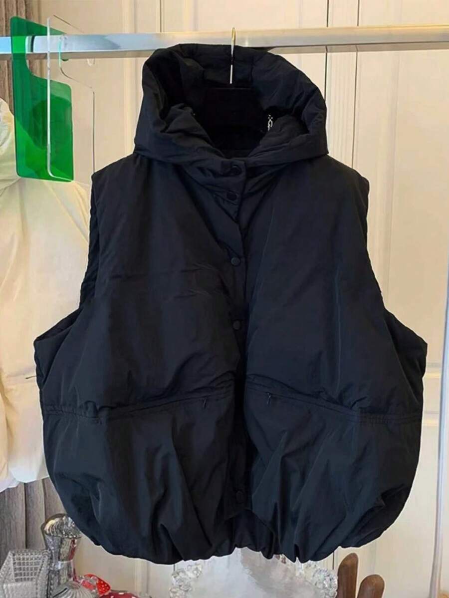 Women's 2025 Fall Spring Vest Casual Sleeveless Hooded Button Placket Jacket Winter Coat - Black - View 1