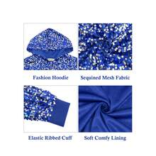 Women's Sequin Zip-Up Hooded Jacket With Ribbed Hem And Long Sleeves For Party Wear - Royal Blue - View 6