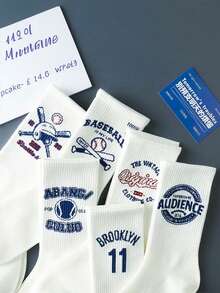 5双男女通用棒球字母图案中筒袜，街头运动风，适合日常穿着，秋季款