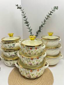 3pcs Enamel Cookware Set, Gold Rim Soup Pot With Handles, Enamel Pot Set With Lids, Enamel Soup Pot, Ramen Bowl, Household Hot Pot, Seafood Pot, Stew Pot, Transparent Glass Lid Soup Pot, Dual Handle Small Hot Pot, Large Capacity Non-Stick Pot, Suitable For Gas And Induction Cooktop - Multicolor - View 1