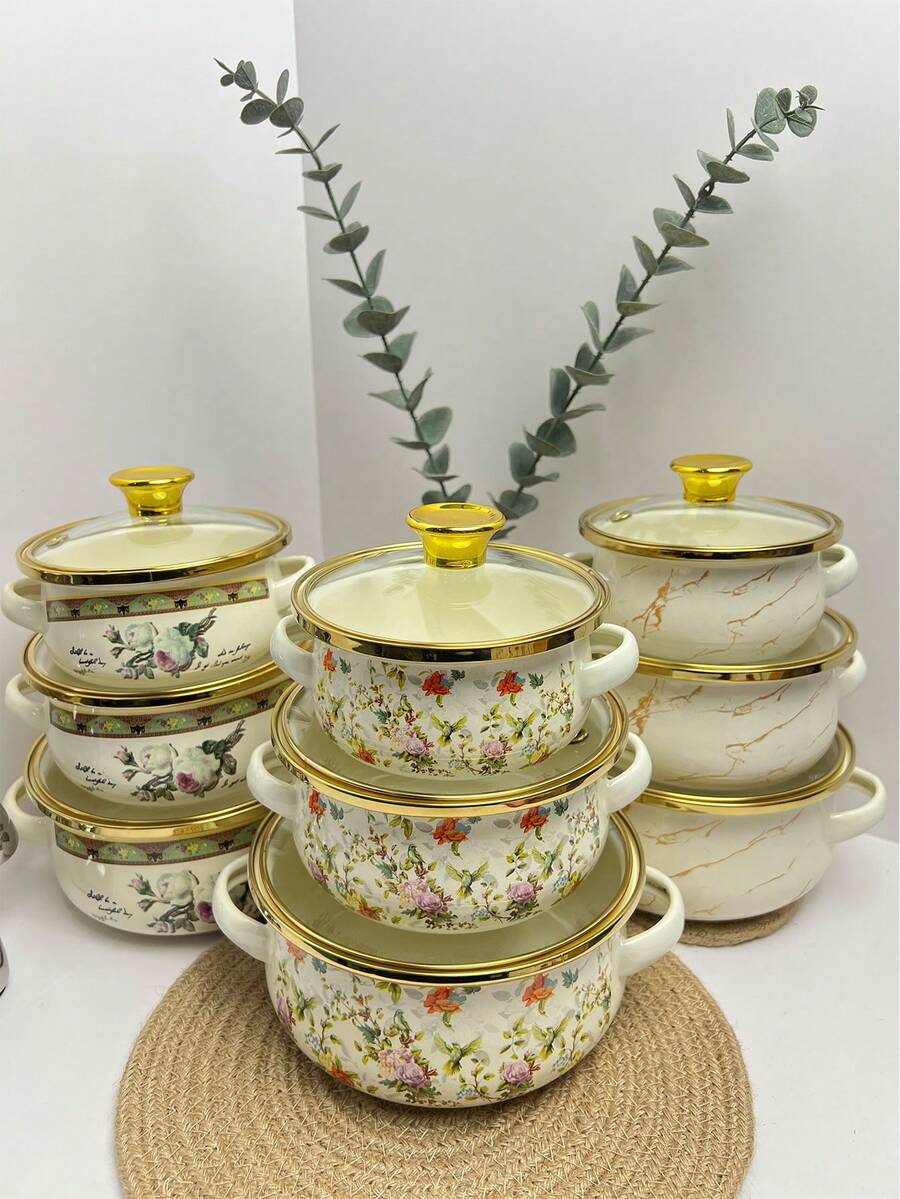 3pcs Enamel Cookware Set, Gold Rim Soup Pot With Handles, Enamel Pot Set With Lids, Enamel Soup Pot, Ramen Bowl, Household Hot Pot, Seafood Pot, Stew Pot, Transparent Glass Lid Soup Pot, Dual Handle Small Hot Pot, Large Capacity Non-Stick Pot, Suitable For Gas And Induction Cooktop - Multicolor - View 1