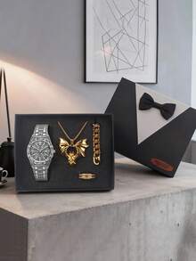 4pcs/Set Men's Quartz Watch & Jewelry Set, Fashionable Luxury Alloy Material Steel Strap Bat Necklace Jewelry, Suitable For Daily Matching, Birthday, Gift For Men, Anniversary, Year-End Promotion, Singles Day, Halloween, Christmas Holiday Gifts - Multicolor - View 2