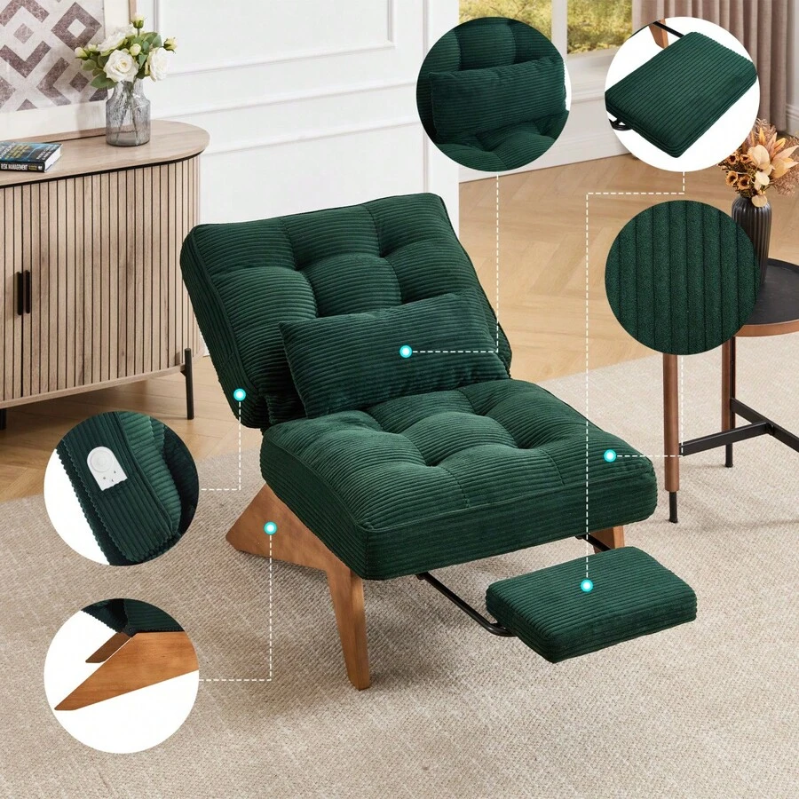 Modern Adjustable Backless Lounge Chair Made Of Fabric With Footrest, Lumbar Cushion And Wooden Legs For Living Room/Bedroom/Study - 祖母綠+燈芯絨 - 查看 1