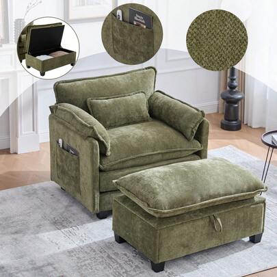 Large Modern Armchair With Footrest And Ottoman, Velvet Lounge Chair With Side Pockets And Cushion, Comfortable Reading Chair For Living Room, Bedroom And Apartment.