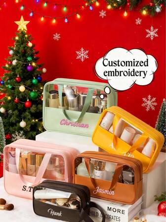 Customizable Embroidered Makeup Bag, PVC Semi-Transparent Large Capacity Toiletry Bag, PU Waterproof Portable Travel Storage Tote, Suitable For Anniversary, Birthday, Mother's Day, Father's Day, Friends, Gifts For Mom/Dad, Her/Him, Girlfriend/Boyfriend, Casual Home, Summer Vacation, Beach
