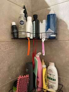 1个壁挂式浴室转角置物架，黑色金属三层收纳架，可放置洗漱用品、护肤品和清洁用品，粘胶安装，适用于淋浴房和盥洗台，非常适合小型浴室、出租房、节假日聚会（圣诞节、新年）——充分利用垂直空间，时尚美观，是整洁浴室的必备单品，也是家居收纳爱好者的理想礼物。#浴室转角置物架 #洗漱用品收纳架 #小型浴室解决方案 #租房友好 #家居收纳礼物 - 彩色 - 查看 4