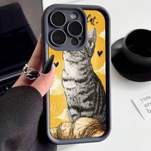 Cubierta de telefono con borde negro amarillo con estampado de gato y croissant para iPhone 14 Pro Max protector de pantalla elegante para uso diario y trabajo - Blanco - Ver 1