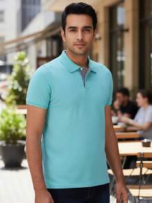 Ogochi Men's Basic Plain Polo Shirt With Logo, No Pocket, Original - Blue Meadow - View 7