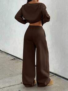 GLOpass Casual Solid Color Off-Shoulder Loose Sweatshirt And Pants Two Pieces Set For Women, Versatile For Daily Wear, Autumn/Winter