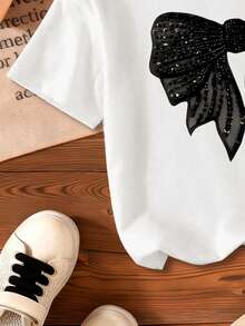 Young Girl Bow Print Short Sleeve Casual Round Neck T-Shirt - White - View 6